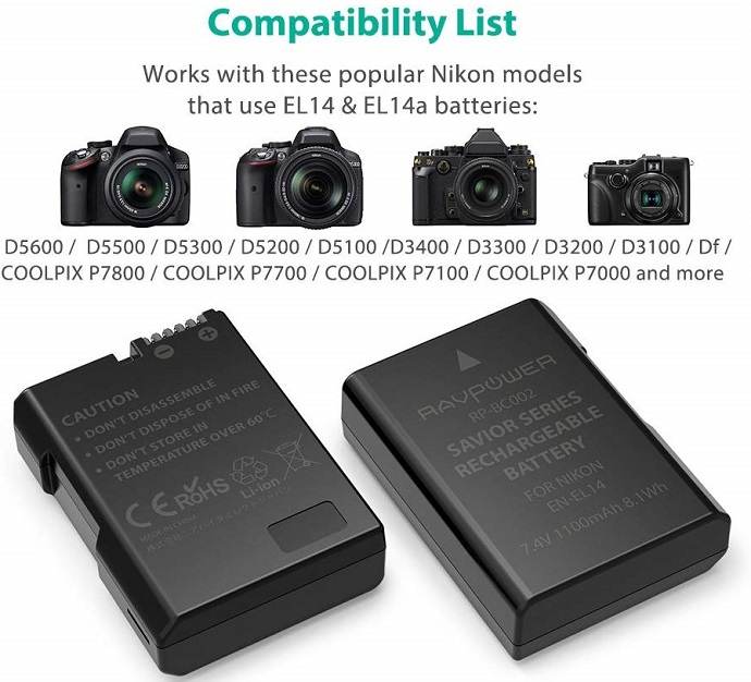 Bộ pin sạc Ravpower EN-EL14 cho máy ảnh Nikon nhập khẩu